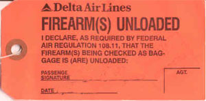 Airline firearm declaration tag, front, Delta Airlines